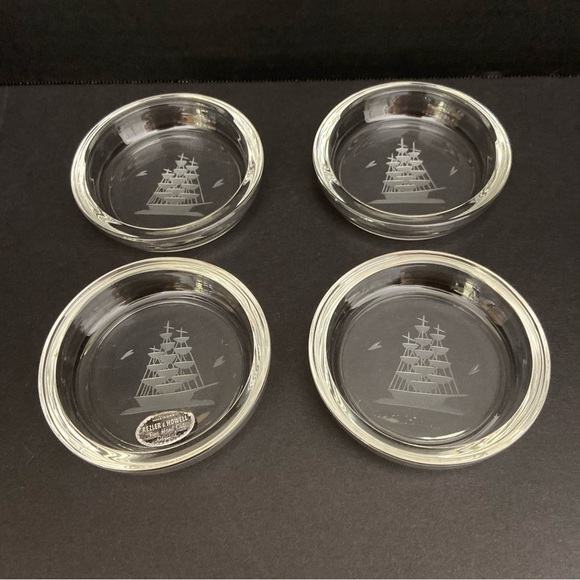 Vtg Rezler & Howell Fine Hand Cut Crystal Coasters Set of 4 Schooner Nautical - Picture 1 of 8